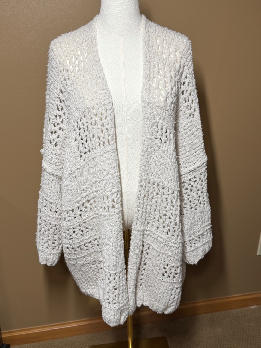 Free People Oversized Open Knit Cardigan Women XS/S Ivory Wool Blend Crochet